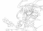  arm_guards fingerless_gloves gloves greyscale highres lineart long_skirt looking_at_viewer lyrical_nanoha magical_girl mahou_shoujo_lyrical_nanoha mahou_shoujo_lyrical_nanoha_the_movie_1st monochrome open_mouth outstretched_hand raising_heart ribbon shinonome_(marihani) skirt solo takamachi_nanoha twintails 