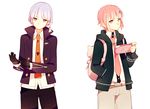  backpack bag belt black_gloves braid danganronpa danganronpa_1 genderswap genderswap_(ftm) gloves hair_ornament hairclip hand_in_pocket handheld_game_console hood hoodie jacket kei-chan_(atlas_kei) kirigiri_kyouko multiple_boys nanami_chiaki necktie pink_eyes pink_hair playstation_portable purple_eyes purple_hair side_braid super_danganronpa_2 