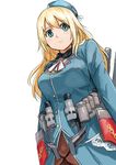  atago_(kantai_collection) blonde_hair blue_hat blush breasts green_eyes hat kantai_collection large_breasts long_hair looking_at_viewer military military_uniform pantyhose shibasaki_shouji smile solo uniform 