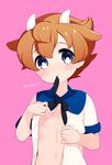  animal_ears blue_eyes blush brown_hair cow_boy cow_ears cow_horns horns inazuma_eleven_(series) inazuma_eleven_go looking_at_viewer male_focus matsukaze_tenma mouth_hold nipples open_clothes pink_background simple_background solo tooru translation_request 