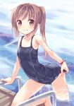  adjusting_clothes adjusting_swimsuit arched_back barefoot blush brown_eyes brown_hair covered_navel hair_ornament hairclip kyuri one-piece_swimsuit one-piece_tan one_knee original ponytail pool pool_ladder school_swimsuit smile solo swimsuit tan tanline wading wet wet_clothes 