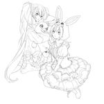  animal_ears animal_hat bonnet bunny_ears dual_persona frills gloves greyscale hat hatsune_miku highres lineart long_hair looking_at_viewer lots_of_laugh_(vocaloid) monochrome mozzu multiple_girls sitting skirt socks stuffed_animal stuffed_bunny stuffed_toy twintails very_long_hair vocaloid 