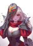  1girl absurdres alternate_hairstyle armor bangs blush breasts cleavage eyebrows_visible_through_hair genderswap hair_between_eyes highres large_breasts league_of_legends long_hair looking_at_viewer mask meowlian open_mouth petals ponytail red_eyes rose_petals scarf simple_background white_background white_hair zed_(league_of_legends) 
