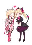  2girls alternate_costume alternate_hairstyle animal_ears bangs bare_shoulders black_cat black_cat_d.va black_dress black_gloves blonde_hair blue_eyes blush bow cat cat_ears cat_tail d.va_(overwatch) dress eyebrows_visible_through_hair gloves hair_ribbon heart highres looking_at_viewer mechanical_wings meowlian mercy_(overwatch) multiple_girls nose overwatch pink_bow pink_dress pink_legwear pink_mercy pink_ribbon pink_skirt puffy_short_sleeves puffy_sleeves ribbon short_sleeves skirt tail tail_bow thighhighs twintails white_background wings 