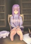  barefoot book confused crescent crescent_hair_ornament feet feet_on_table hair_ornament hat hat_removed headwear_removed highres kuro_suto_sukii long_hair looking_at_viewer patchouli_knowledge pov_feet purple_eyes purple_hair soles solo toes touhou wiggling_toes 