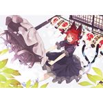  animal_ears blanket bow braid cat_ears cat_tail dress fangs frills hair_bow hair_ornament kaenbyou_rin leaf looking_at_viewer multiple_tails open_mouth puffy_sleeves red_eyes red_hair shihou_(g-o-s) short_hair short_sleeves smile solo tail touhou twin_braids wheelbarrow 