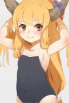  1girl armpits bare_arms bare_shoulders belly blush bow closed_mouth commentary_request covered_navel cowboy_shot eyebrows_visible_through_hair flat_chest grey_background hands_up highres horn_bow horns ibuki_suika long_hair looking_at_viewer low-tied_long_hair nishiuri one-piece_swimsuit orange_eyes orange_hair purple_bow school_swimsuit simple_background smile solo standing swimsuit touhou very_long_hair younger 