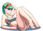  arm_support barefoot blue_eyes breasts bulma deviantart_sample dragon_ball dragon_ball_z earrings finalcake green_hair hairband image_sample jewelry lying mature medium_breasts midriff on_back panties parted_lips revision short_hair solo sports_bra strap_gap stud_earrings toes underwear underwear_only 