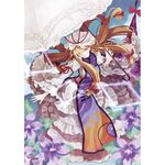  ;) blonde_hair bow cloud dress flower frills gap hair_bow hair_ornament hat hat_bow long_hair long_sleeves mob_cap one_eye_closed puffy_sleeves purple_eyes shihou_(g-o-s) sky smile solo touhou umbrella vest wide_sleeves yakumo_yukari yin_yang 