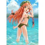  ama-tou ass back bikini blush bow braid breasts cloud day green_eyes hair_bow hair_ornament hand_on_forehead hat hong_meiling long_hair looking_back medium_breasts open_mouth outdoors red_hair side-tie_bikini sky smile solo standing star swimsuit touhou twin_braids wading water 