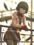  black_eyes black_gloves black_hair black_legwear feathers gloves highres looking_at_viewer monogatari_(series) oshino_ougi pantyhose school_uniform short_hair siraha smile solo 