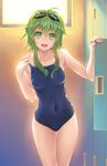  :d ahoge breasts collarbone competition_school_swimsuit covered_navel goggles goggles_on_head green_eyes green_hair gumi highres locker locker_room looking_at_viewer one-piece_swimsuit open_mouth school_swimsuit short_hair short_hair_with_long_locks sidelocks small_breasts smile strap_pull swimsuit vocaloid wacchi 