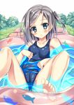  barefoot black_hair blue_eyes cameltoe hentai_ouji_to_warawanai_neko. one-piece_swimsuit school_swimsuit short_hair side_ponytail spread_legs suzaku_(oekaki_no_sekai) swimsuit tsutsukakushi_tsukiko wading_pool water 