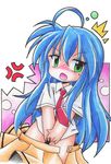  1girl blue_hair blush female izumi_konata lucky_star necktie norio_(459factory) open_mouth skirt solo 