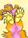  anus breasts ear_piercing female foot_focus fur hair hindpaw kaputotter legs_up lying mammal nipple_pinch nude on_back orange_fur paws piercing pink_fur pink_hair pussy skunk solo tongue tongue_out 