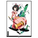  adapted_costume alternate_costume animal_ears bamboo black_hair bow bunny_ears carrot character_name embellished_costume hammer ideolo inaba_tewi leaf long_skirt looking_at_viewer open_mouth puffy_sleeves red_eyes short_hair short_sleeves skirt smile socks solo touhou vest 