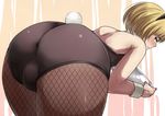  armin_arlert ass ass_focus bare_shoulders bent_over blonde_hair brown_eyes bulge bunny_boy bunny_tail bunnysuit commentary_request cuffs fishnet_pantyhose fishnets highres huge_ass leotard male_focus otoko_no_ko pantyhose shingeki_no_kyojin short_hair solo tail thick_thighs thighs tray wachiwo wide_hips wrist_cuffs 