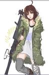  brown_hair browning_m2 coat fur_collar gun heavy_machine_gun machine_gun panties_(pantsu-pirate) short_hair sketch solo thighhighs weapon yellow_eyes 