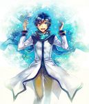  arms_up blue_eyes blue_hair kaito male_focus matcha_(higashiya0401) musical_note smile solo vocaloid 