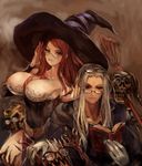  1girl bare_shoulders book breasts broom cleavage dragon's_crown eyewear_on_head eyewear_switch glasses grin hat highres jewelry large_breasts light_smile long_hair necklace red_hair silver_hair skeleton smile sorceress_(dragon's_crown) tomatika witch_hat wizard_(dragon's_crown) 