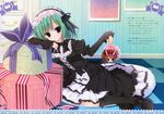  absurdres bad_id bad_yandere_id black_dress box checkered checkered_floor chibi commentary dress gift gift_box green_eyes green_hair hairband highres huge_filesize inugami_kira kneeling lolita_fashion lolita_hairband long_sleeves looking_at_viewer multiple_girls on_box painting_(object) ribbon 