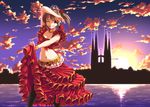  ;) black_legwear brown_eyes brown_hair cloud duntv flower flower_in_mouth frills highres hori_yuuko idolmaster idolmaster_cinderella_girls midriff mouth_hold navel one_eye_closed outdoors pantyhose ponytail pose purple_sky red_skirt rose short_hair skirt skirt_hold smile solo standing sunset tiara 