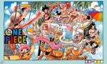  2girls 6+boys bar book border brook copyright_name cover cover_page flying food franky goggles hat highres instrument kinemon kozuki_momonosuke momonosuke_(one_piece) monkey_d_luffy multiple_boys multiple_girls nami nami_(one_piece) nico_robin oda_eiichirou official_art one_piece pool reading roronoa_zoro sanji straw_hat swimsuit title_drop tony_tony_chopper trafalgar_law umbrella usopp violin 