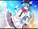  blue_hair daiaru food fruit hat hinanawi_tenshi light_smile long_hair peach red_eyes sky solo sword sword_of_hisou touhou weapon 