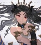  arm_strap asymmetrical_sleeves black_bow black_gloves black_hair black_sleeves blue_legwear bow bra breasts choker cleavage detached_sleeves diadem earrings fate/grand_order fate_(series) floating_hair gloves grey_background grey_bra grin hair_bow holy_pumpkin ishtar_(fate/grand_order) jewelry long_hair long_sleeves medium_breasts red_eyes single_sleeve smile solo striped striped_bra underwear very_long_hair 