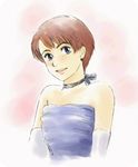  aimigogo alternate_costume bare_shoulders blue_eyes brown_hair choker dress earrings elbow_gloves formal gloves gown highres izumi_noa jewelry kidou_keisatsu_patlabor ribbon_choker short_hair simple_background sleeveless smile solo upper_body white_background 