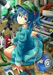  blue_eyes blue_hair cucumber fan hair_bobbles hair_ornament hat highres kawashiro_nitori looking_back messy_room sasabune_(pinwheel07) screwdriver sitting solo telescope tools touhou two_side_up vacuum_tube yokozuwari 