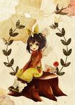  bird boots bow character_name eiko_carol final_fantasy final_fantasy_ix green_eyes hair_bow highres horn laurels moogle niiko open_mouth overalls paws purple_hair sitting sitting_on_tree_stump smile stitches tag tree_stump white_wings wings yellow_bow 