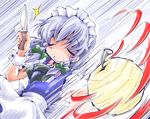  apple apron blue_dress braid closed_eyes dress food fruit izayoi_sakuya knife maid mundane_utility peeling puffy_sleeves shinapuu shirt short_sleeves silver_hair smile solo sparkle touhou twin_braids waist_apron wrist_cuffs 