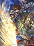  1boy angry armor attack attacking_viewer blue_cape brown_eyes brown_hair cape castle cloud cloudy_sky dragon dual_wielding falling fire_emblem fire_emblem:_seisen_no_keifu fire_emblem:_thracia_776 fire_emblem_cipher fortress gem holding holding_spear holding_sword holding_weapon horse horseback_riding leaf_(fire_emblem) lightning male_focus nintendo official_art open_mouth polearm riding serious short_hair shoulder_armor sky solo spear suzuki_rika sword teeth weapon white_armor white_horse wyvern 