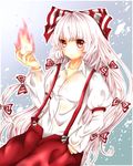  armband bad_id bad_pixiv_id blue_background bow collarbone fire fujiwara_no_mokou gradient gradient_background hair_bow hand_in_pocket highres juliet_sleeves lavender_hair light_frown long_hair long_sleeves ofuda open_hand open_pants pants puffy_sleeves red_eyes shoumu_shapea solo suspenders touhou very_long_hair 