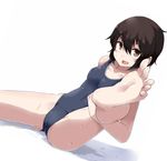  barefoot black_hair brown_eyes feet kantai_collection leg_up looking_at_viewer miyuki_(kantai_collection) one-piece_swimsuit open_mouth pov_feet school_swimsuit short_hair sitting smile soles solo swimsuit toes wet wiggling_toes wk_(low-f) 