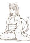  animal_ears breasts cat_ears cat_tail huge_breasts japanese_clothes kimono kouda_tomohiro long_hair monochrome original seiza simple_background sitting slit_pupils solo tail white_background 
