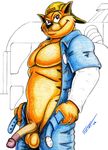  backwards_baseball_cap balls biceps cat chance_furlong clothing erection feline flatrat fur half-erect hat jumpsuit looking_at_viewer male mammal mechanic muscles open_shirt pecs penis presenting shirt smile solo standing swat_kats undressing 