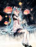  bellbottoms blue_hair detached_sleeves hatsune_miku headphones lantern long_hair nail_polish night paper_lantern rei_(456789io) sitting skirt solo thighhighs very_long_hair vocaloid 