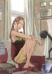  bad_id bad_pixiv_id barefoot blue_eyes brown_hair computer couch crossed_legs curtains feet_on_chair food hair_bobbles hair_ornament hand_on_own_wrist indoors laptop legs legs_folded long_hair looking_away looking_to_the_side mouse_(computer) mouth_hold newspaper original ponytail popsicle rano shorts sitting solo window 