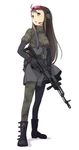  ahoge ak-47 assault_rifle belt belt_pouch boots breasts brown_eyes brown_hair camouflage finger_on_trigger full_body gloves gun headset highres holding holding_gun holding_weapon kirishima_rento kokudou_juunigou long_hair medium_breasts pantyhose parted_lips pouch rifle safety_glasses shadow simple_background skirt snap-fit_buckle solo tokurei_sochi_dantai_stella_jogakuin_c3_bu weapon white_background 