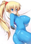  1girl blonde_hair blue_eyes blush bodysuit breasts collar huge_breasts long_hair metroid nagase_haruhito nintendo ponytail samus_aran 