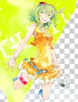  belt character_name checkered checkered_background full_body goggles goggles_on_head green_eyes green_hair gumi headphones headphones_removed jumping short_hair sleeveless smile solo suzettecrepe thigh_strap vocaloid 