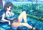 bangs barefoot black_hair blue_bra blue_eyes bra breasts cable cityscape cleavage commentary_request day eyebrows_visible_through_hair frilled_bra frilled_panties frills hair_ornament ichi_rin long_hair looking_away lying medium_breasts on_back open_clothes open_shirt original outdoors overgrown panties partially_submerged school_uniform see-through shirt short_sleeves skirt skirt_lift snowflake_hair_ornament solo striped striped_bra striped_panties underwear water wet wet_clothes 