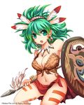  barbarian bare_shoulders breasts cleavage earrings fantasy green_eyes green_hair jewelry large_breasts navel original polearm shield solo spear suoni_(deeperocean) tattoo thighs tribal weapon 