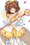  brown_hair cardcaptor_sakura crown fishiebug green_eyes hoshi_no_tsue kinomoto_sakura petals puffy_pants short_hair thighhighs wand 