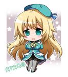  atago_(kantai_collection) black_legwear blonde_hair blush breasts character_name chibi green_eyes hat kantai_collection large_breasts long_hair military_jacket noai_nioshi open_mouth pantyhose skirt smile solo 