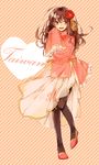  axis_powers_hetalia bad_id bad_pixiv_id black_legwear brown_eyes brown_hair character_name chinese_clothes flower frilled_sleeves frills full_body hair_flower hair_ornament heart long_hair mdk_(lacca0v0) pantyhose red_footwear shoes side_slit simple_background sleeves_past_wrists standing standing_on_one_leg striped striped_background taiwan_(hetalia) wide_sleeves 