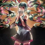  absurdres bad_id bad_pixiv_id detached_sleeves green_hair hatsune_miku highres lama-pacos long_hair mousou_zei_(vocaloid) nail_polish necktie paper red_eyes skirt solo thighhighs twintails very_long_hair vocaloid 