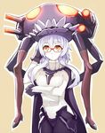 adjusting_eyewear bespectacled bodysuit breasts cape glasses gloves kantai_collection kibanda_gohan long_hair looking_at_viewer medium_breasts pale_skin paper shinkaisei-kan silver_hair solo thighhighs wo-class_aircraft_carrier yellow_eyes 